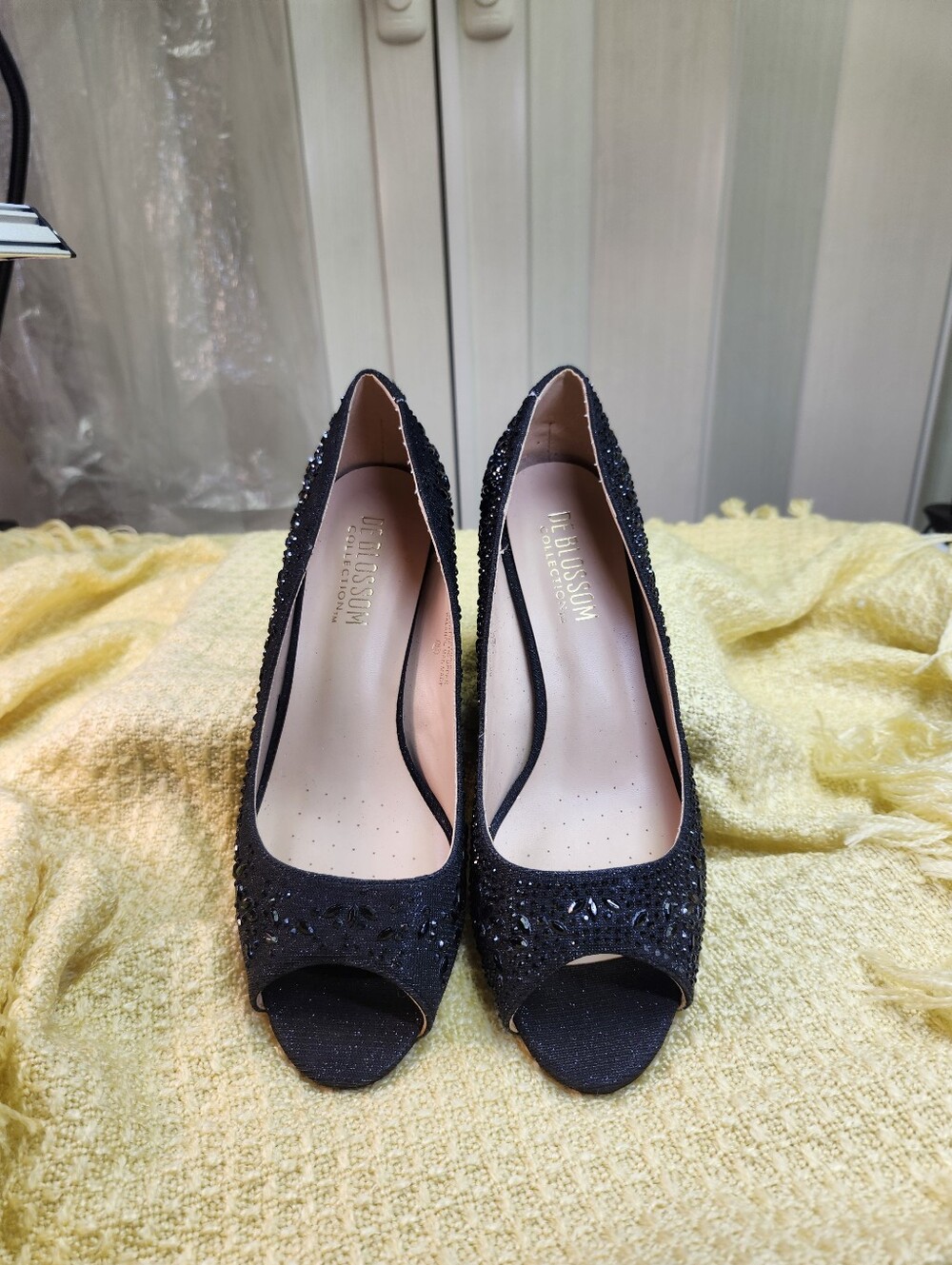 De Blossom Collection Black Glitter Peep-Toe Heels